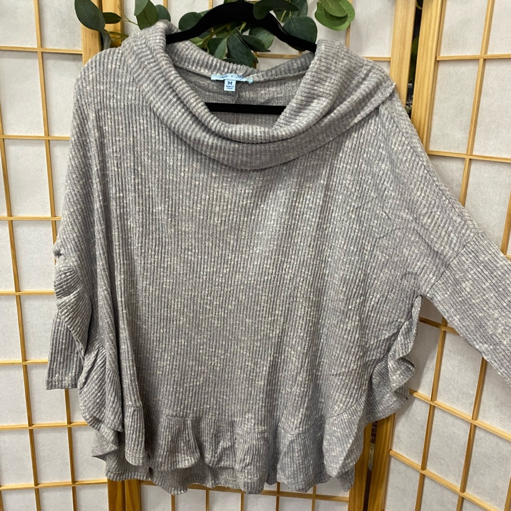 She and Sky Ribbed Gray Cowl Neck Sweater